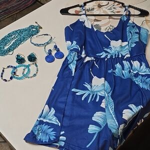 Blue Floral Romper W/ Matching Jewelry Sets. All Included!